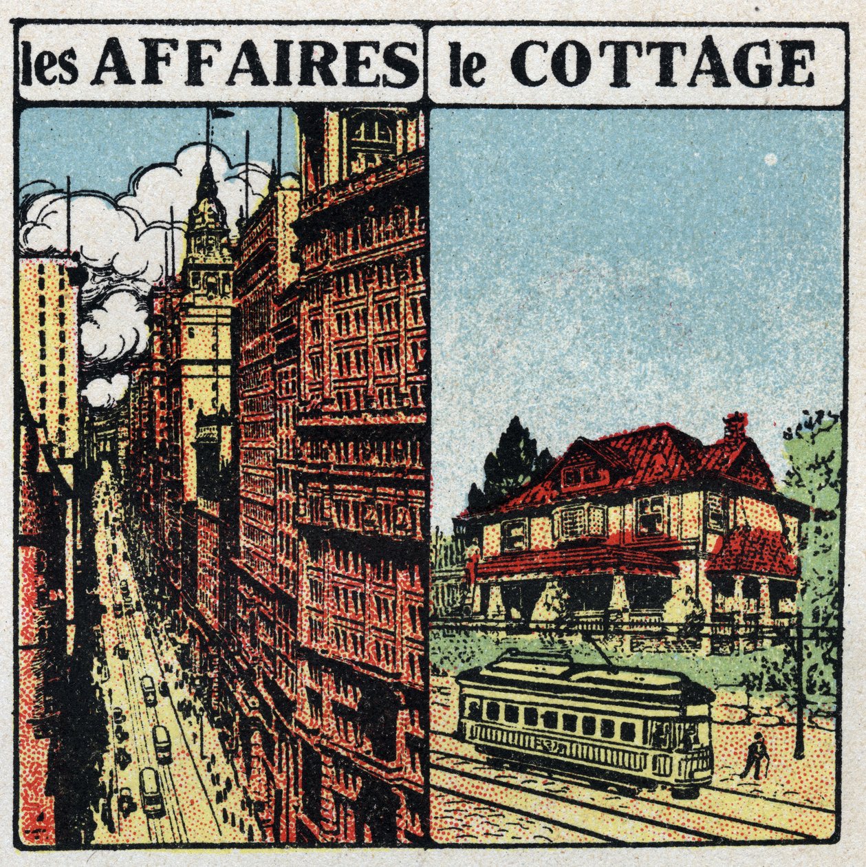 Trams électriques: ligne de tramway en ville (à gauche) et à la campagne (à droite). Illustration anonyme de 1925. Collection privée. - Anonymous Anonymous
