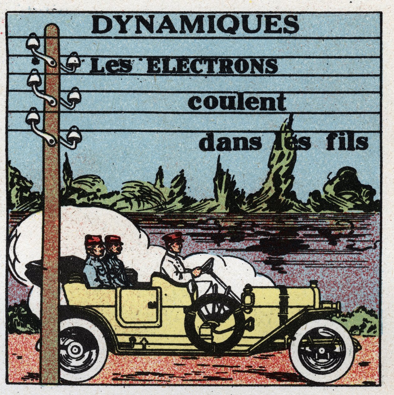 Phénomènes électriques : phénomènes dynamiques. Les électrons circulent dans les fils électriques. Illustration anonyme de 1925. Collection privée. - Anonymous Anonymous