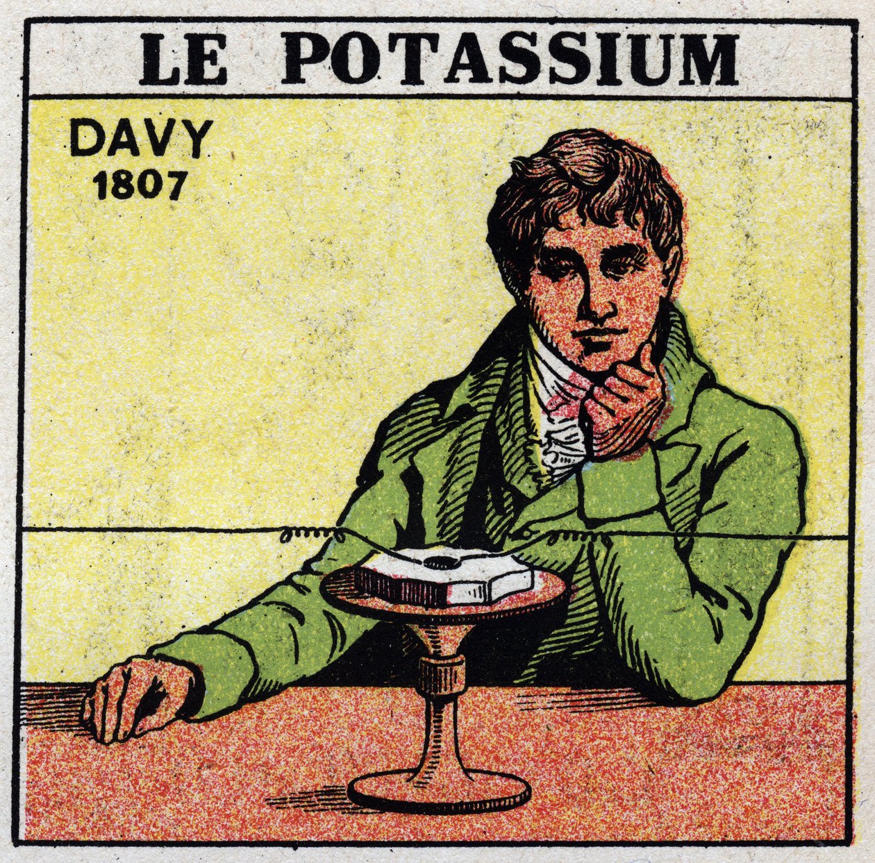 Électrochimie: décomposition de la potasse (potassium) et de la soude par Sir Humphry Davy (1778-1829) en 1807. Illustration anonyme de 1925. Collection privée. - Anonymous Anonymous