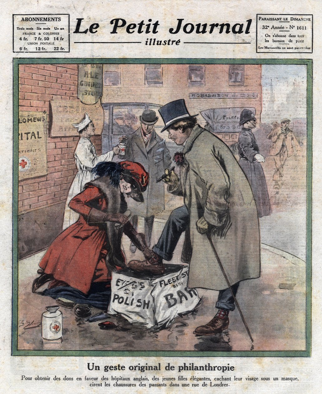 Jeunes filles élégantes, leur visage caché derrière un masque, cirent les chaussures des passants londoniens pour collecter des fonds pour les hôpitaux anglais. Illustration tirée de "Le petit journal illustré" du 06/11/1921 - Anonymous Anonymous