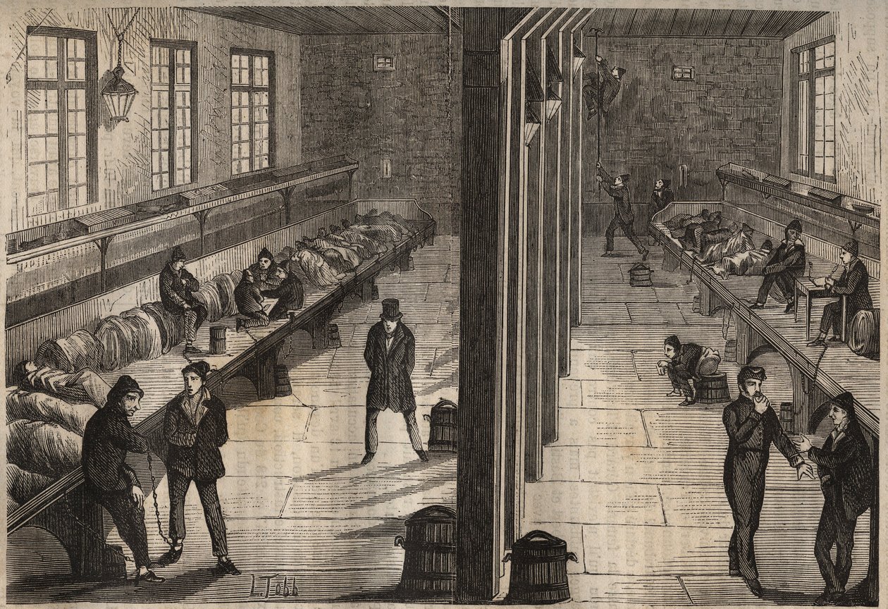 Évasion de trois forçats dans la salle Saint-Gilles du bagne de Rochefort le 28 décembre 1840. Gravure dans « Histoire des bagnes depuis leur création à nos jours » (1877) par Pierre Zaccone (1817-1895). Collection privée - Anonymous Anonymous
