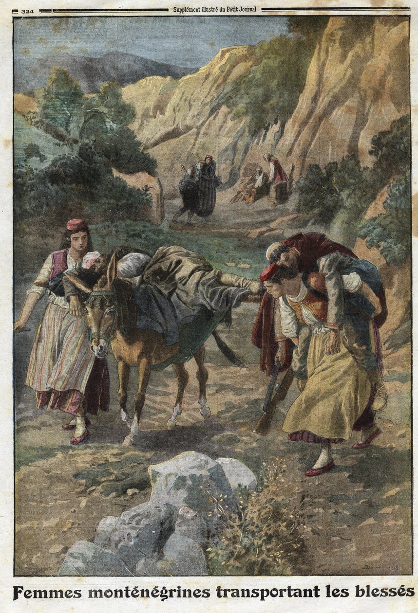 Première Guerre mondiale 1914-1918 (14-18) : femmes du Monténégro portant des hommes blessés en guerre sur le dos de mulets ou sur leurs propres épaules. Gravure dans "Le Petit Journal", le 5/12/1915. Collection privée. - Anonymous Anonymous