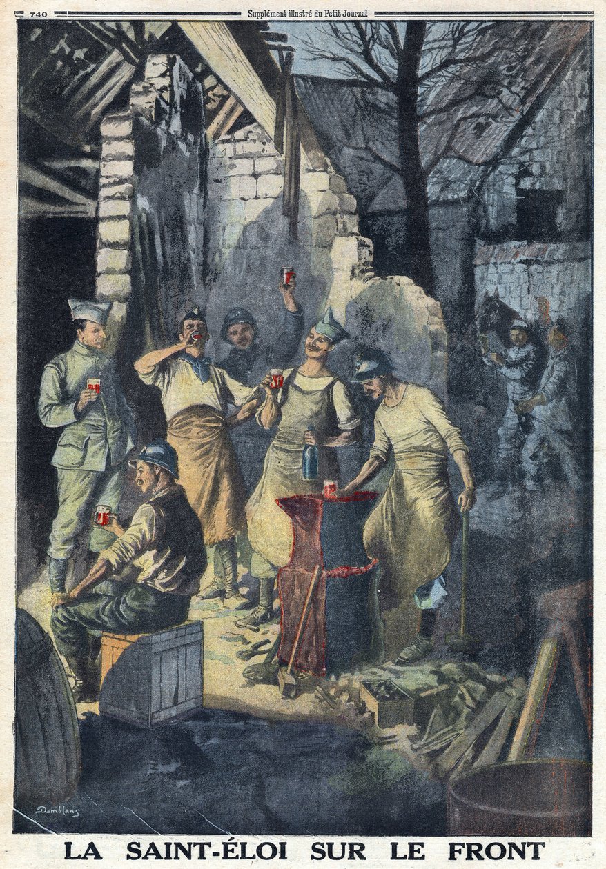 Première Guerre mondiale 1914-1918. Célébration de Saint Eloi des soldats au front. Ils boivent tous un verre de vin rouge pour la fête. Dans 
