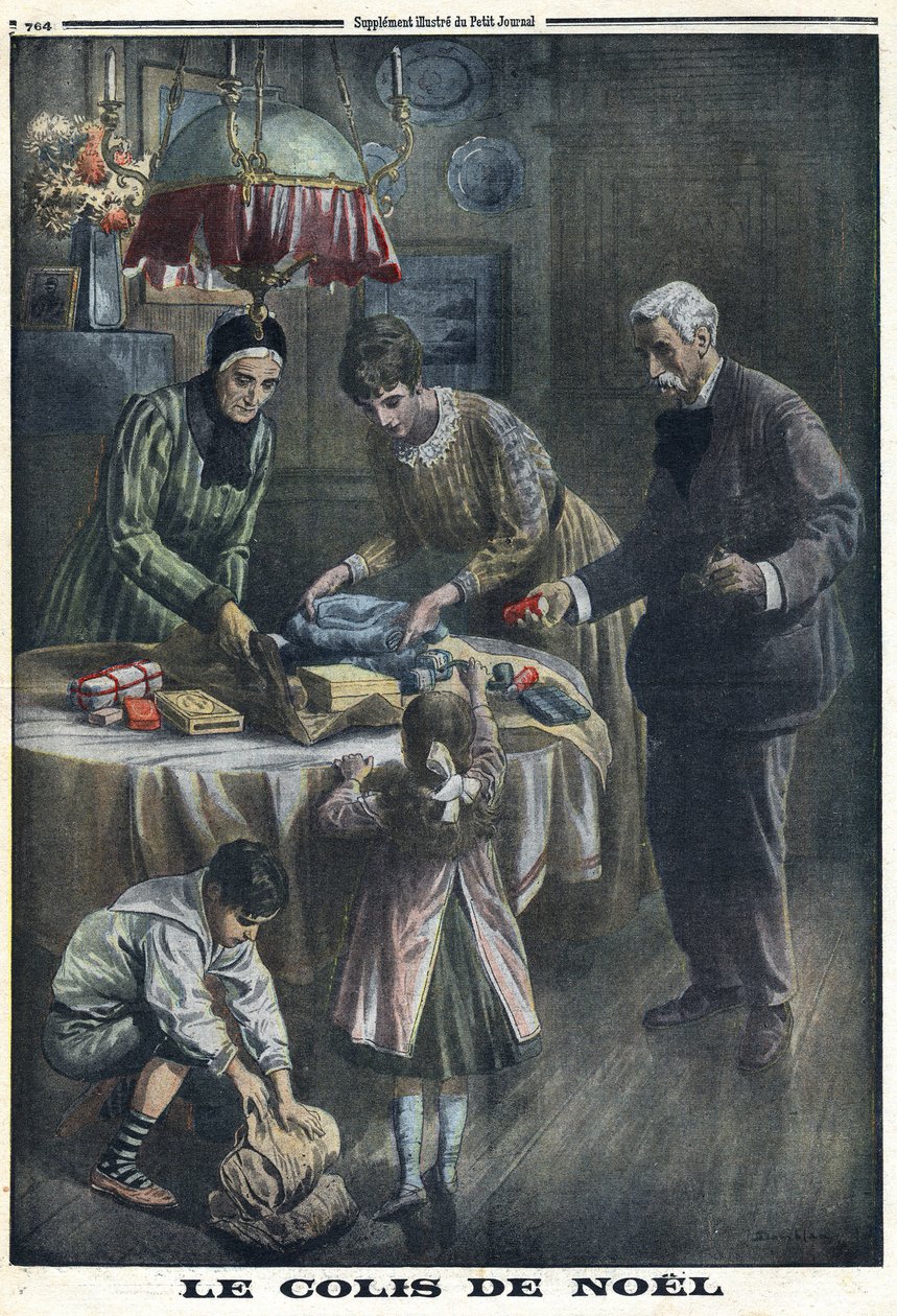 Première Guerre mondiale 1914-1918. Cadeau de Noël : Les enfants reçoivent et déballent les colis envoyés par leur père sur le champ de bataille la veille de Noël. Dans « Le Petit Journal », le 24/12/1916. Collection privée - Anonymous Anonymous