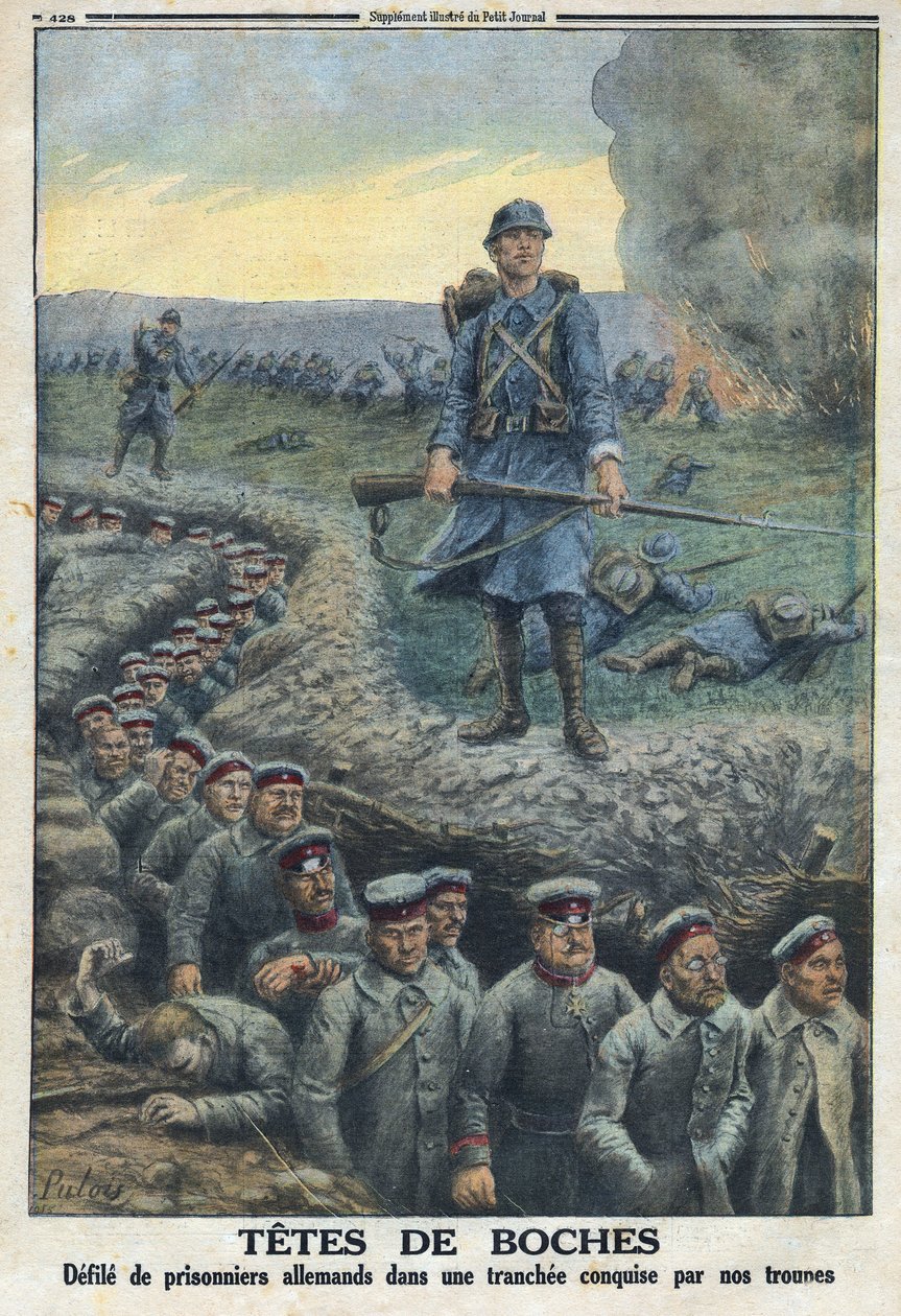 Première Guerre mondiale 1914-1918. « Têtes de pont » : défilé de prisonniers allemands dans une tranchée conquise par les troupes de l