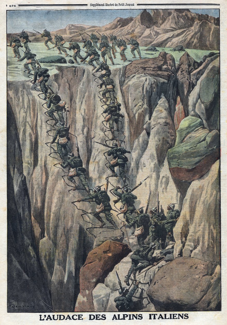 Première Guerre mondiale 1914-1918. Les soldats italiens escaladent le sommet du Cauriol dans les Alpes de Fiemme en Italie. Dans « Le Petit Journal », le 8 octobre - Anonymous Anonymous