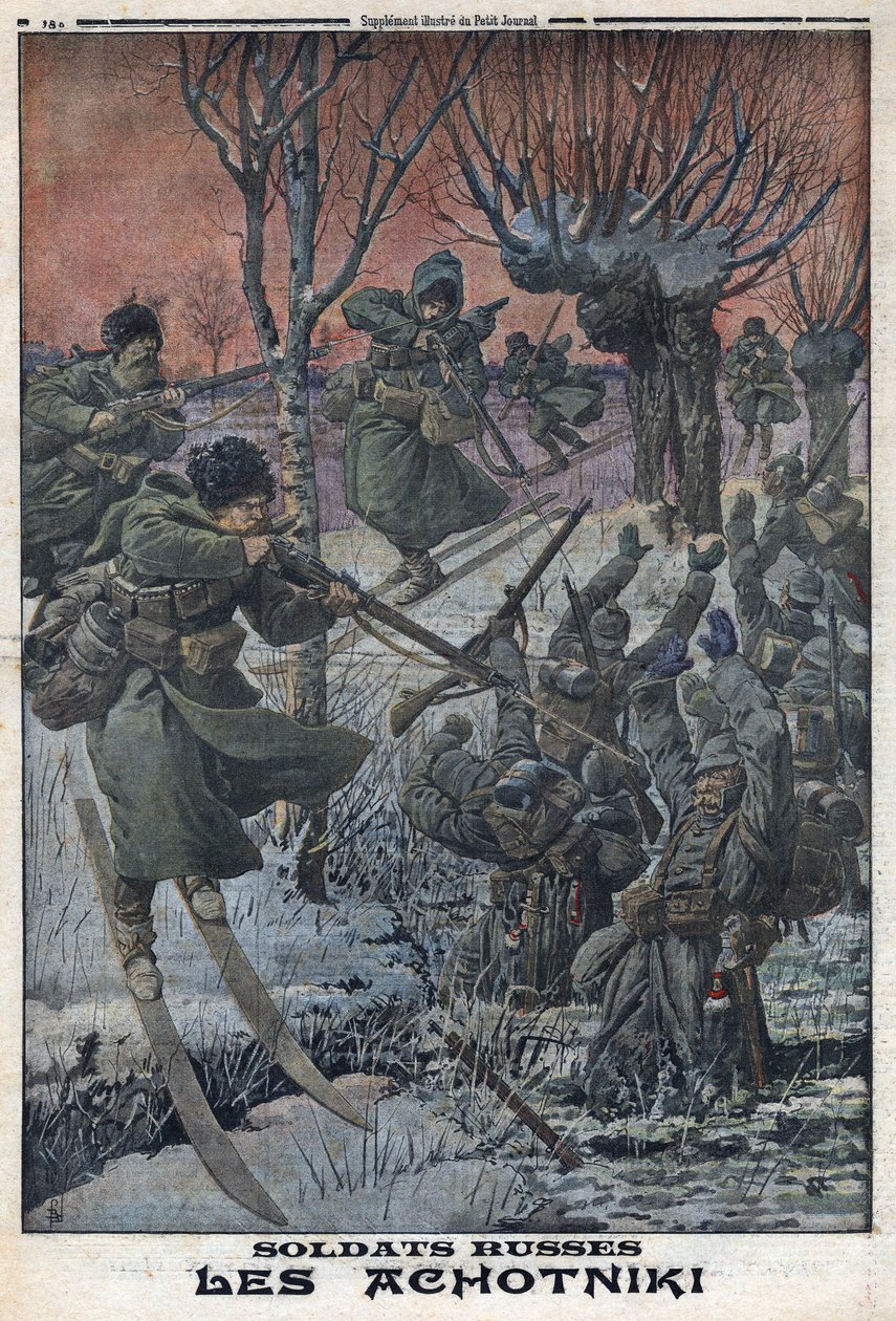 Première Guerre mondiale 1914-1918. Soldats russes Ahotniki sur des skis tirant sur des soldats allemands. Dans 