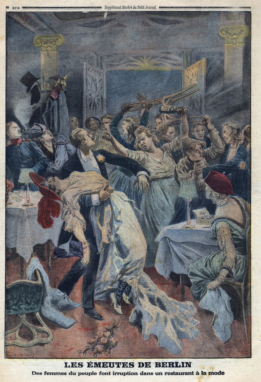 Première Guerre mondiale 1914-1918. Les femmes du peuple envahissent un restaurant à la mode et exigent le retour de leurs maris. Dans « Le Petit Journal », le 16/01/1916. Collection privée - Anonymous Anonymous