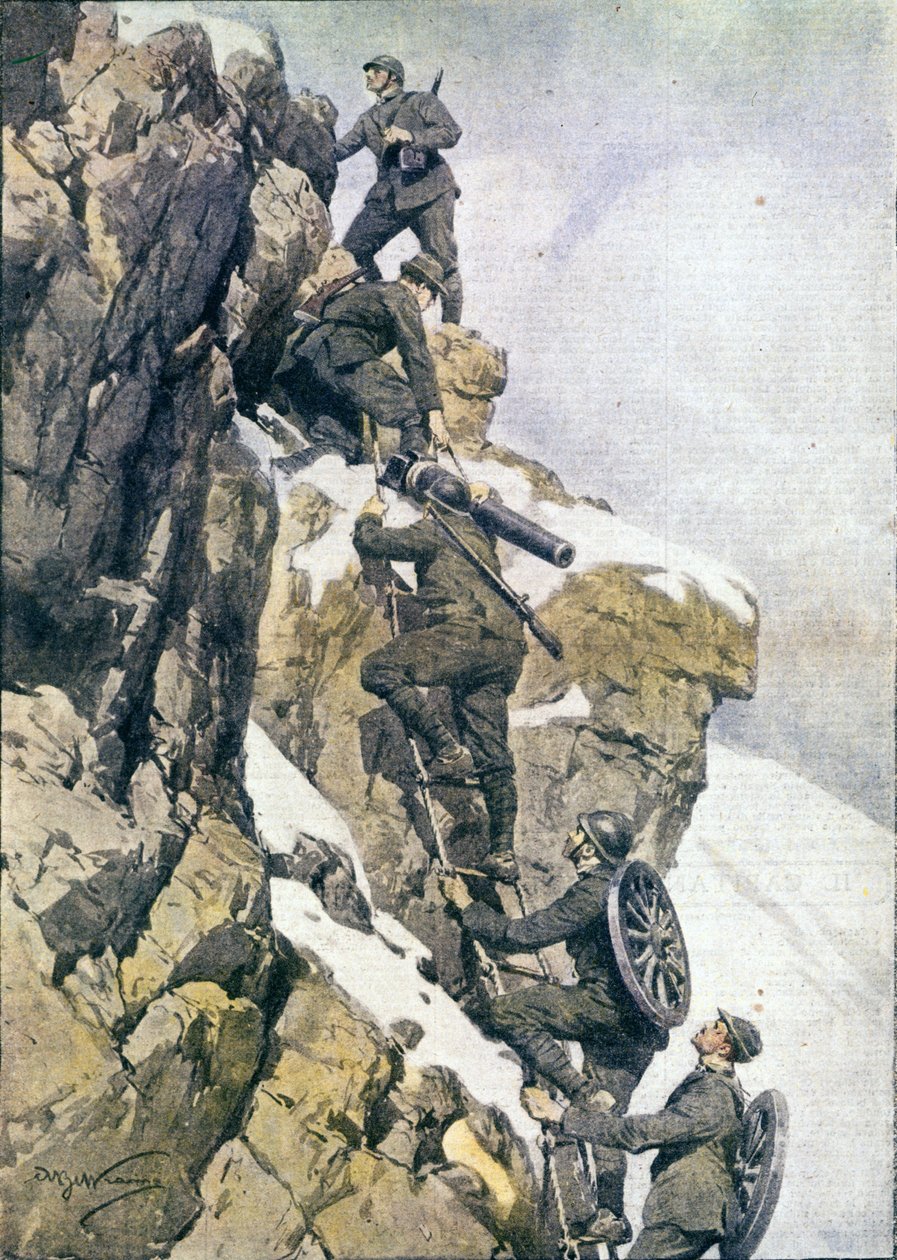Première Guerre mondiale : chasseurs alpins italiens transportant du matériel sur un sommet des Alpes italiennes - Anonymous Anonymous