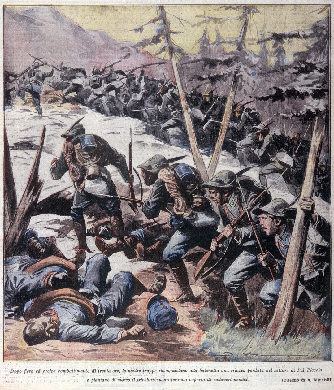 Première Guerre mondiale : chasseurs alpins italiens reprenant aux ennemis le Pal Piccolo, Alpes italiennes 1916 Illustration de « La domenica del corriere » - Anonymous Anonymous