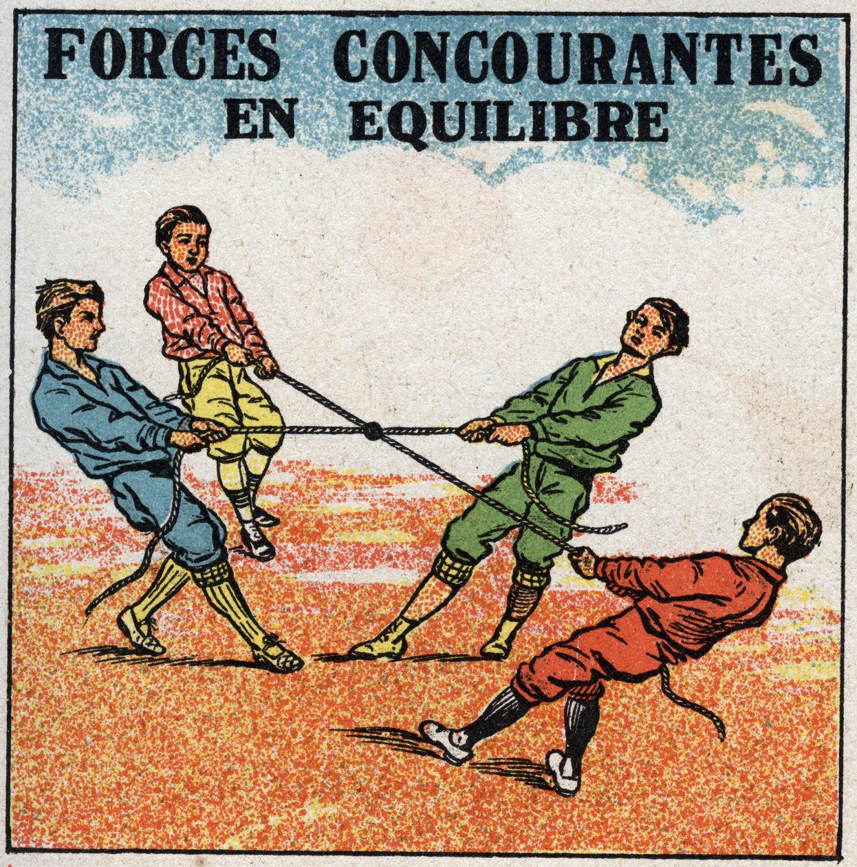 Forces : forces concurrentes en équilibre. Enfants tirant sur un anneau, chacun par une corde de leur côté, tout en restant en équilibre. Illustration anonyme de 1925. Collection privée. - Anonymous Anonymous