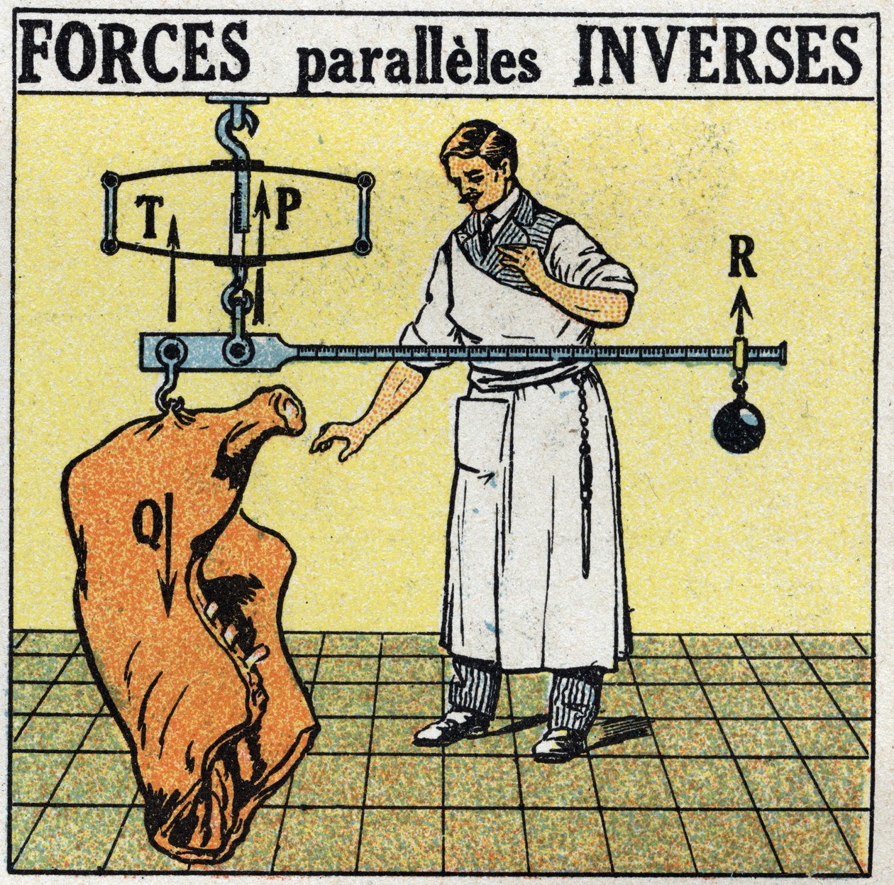 Forces : forces parallèles inverses. Un boucher pesant une carcasse de viande avec une balance romaine. Illustration anonyme de 1925. Collection privée. - Anonymous Anonymous