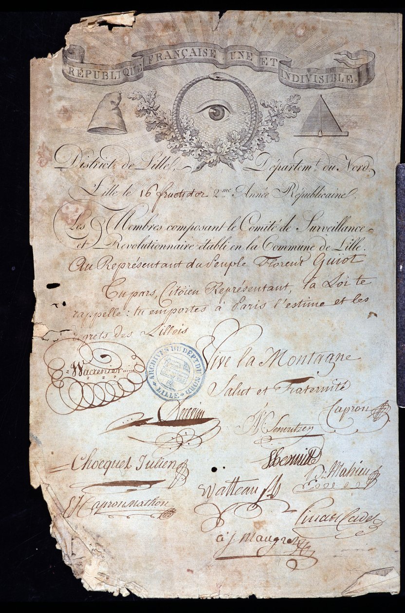 Révolution française : attestation de citoyenneté de Guiot de Saint-Florent (Saint Florent) dit Florent-Guiot (ou Florent-Guyot) (1735-1834), révolutionnaire et représentant du peuple, par le Comité révolutionnaire de Lille datée de l