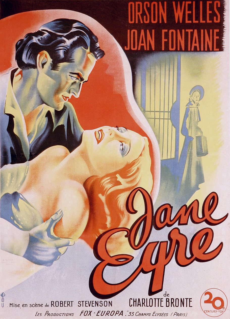 Affiche de film français pour le film « Jane Eyre » écrit par Charlotte Brontë et réalisé par Robert Stevenson en 1944 avec Orson Welles dans le rôle d