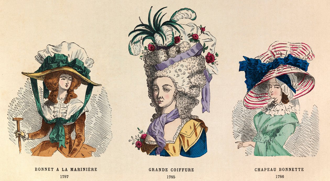 De gauche à droite : Chapeau à la marinière en 1787 ; Grande coiffure en 1785 et chapeau bonnette en 1786 - Anonymous Anonymous