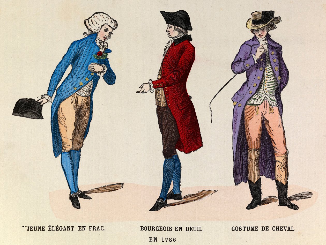 De gauche à droite : Un jeune élégant en frac ; Un bourgeois en deuil et un costume de cheval en 1786 - Anonymous Anonymous