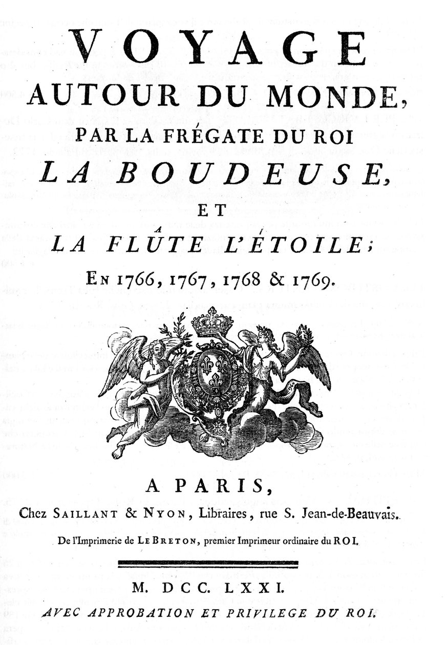 Frontispice de 1771 du livre "Voyage autour du monde par la frégate du roi La Boudeuse et la flûte L
