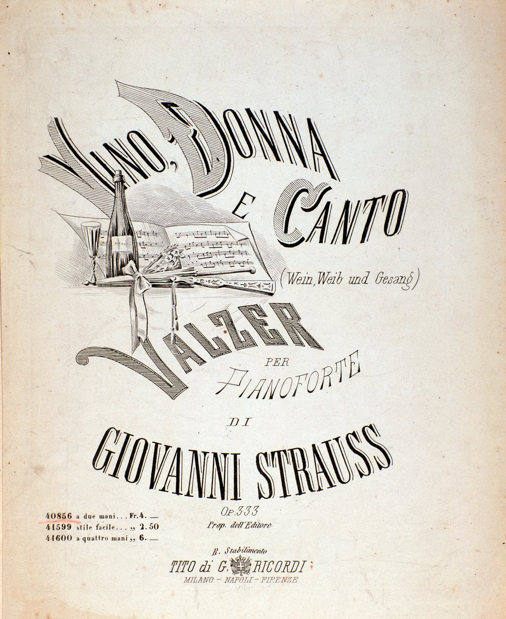 Frontispice de la partition musicale de Vin, Femmes et Chansons par Johann Strauss - Anonymous Anonymous