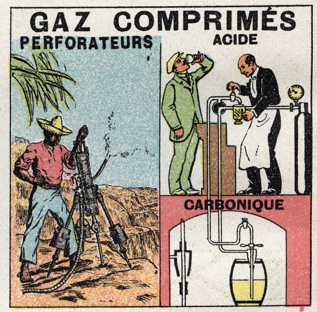 Pression des gaz : casseroles à gaz utilisées pour les perceuses à air comprimé et dans la fabrication de la bière. Illustration anonyme de 1925. Collection privée. - Anonymous Anonymous