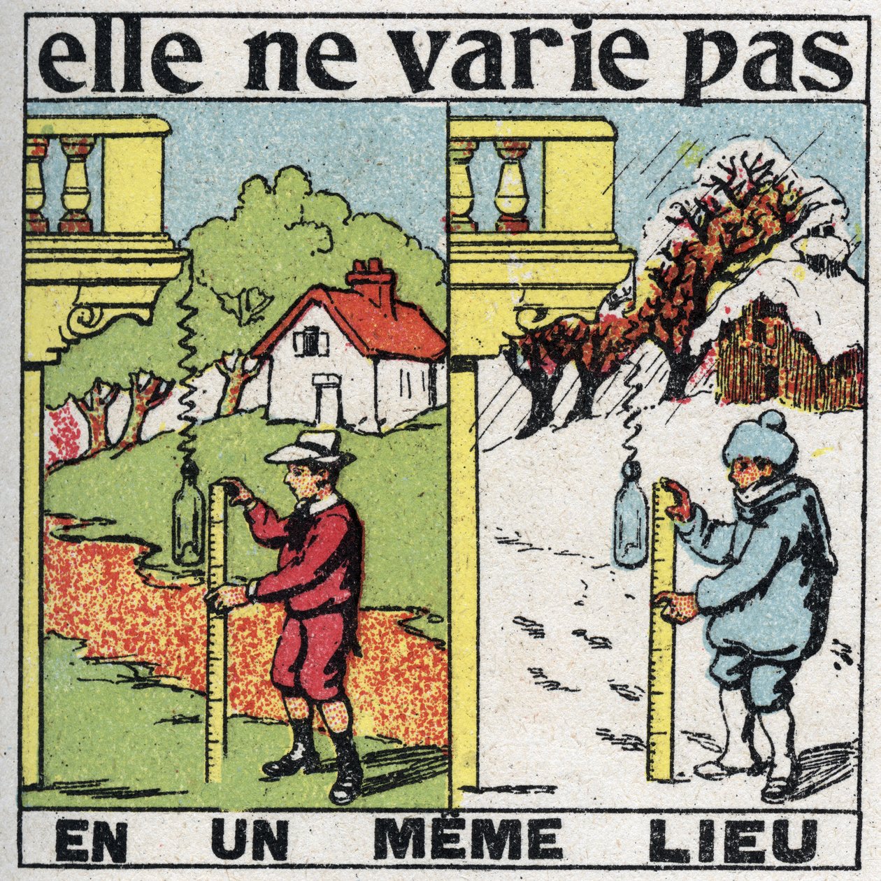Grainness : il ne varie pas en un seul endroit. Un enfant mesurant la gravité avec un ressort au même endroit en été et en hiver. Illustration anonyme de 1925. Collection privée. - Anonymous Anonymous
