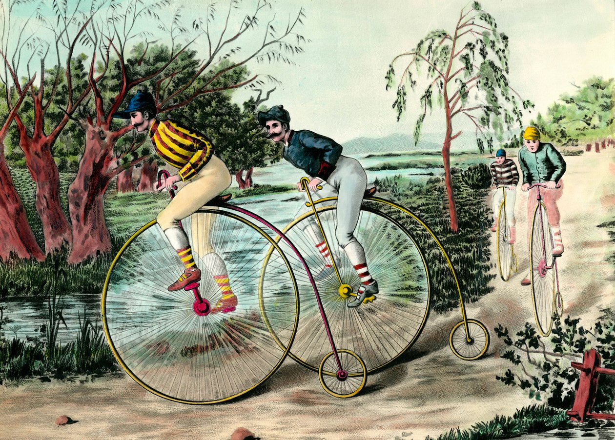 Histoire de la bicyclette : course de grand bi (grand bi). Gravure du 20e siècle. Collection privée - Anonymous Anonymous