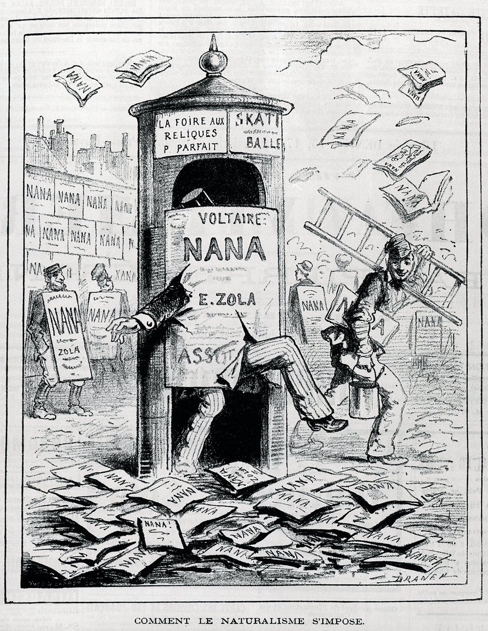 Comment le naturalisme est imposé : dessin satirique sur le roman naturaliste à propos du livre « Nana » d