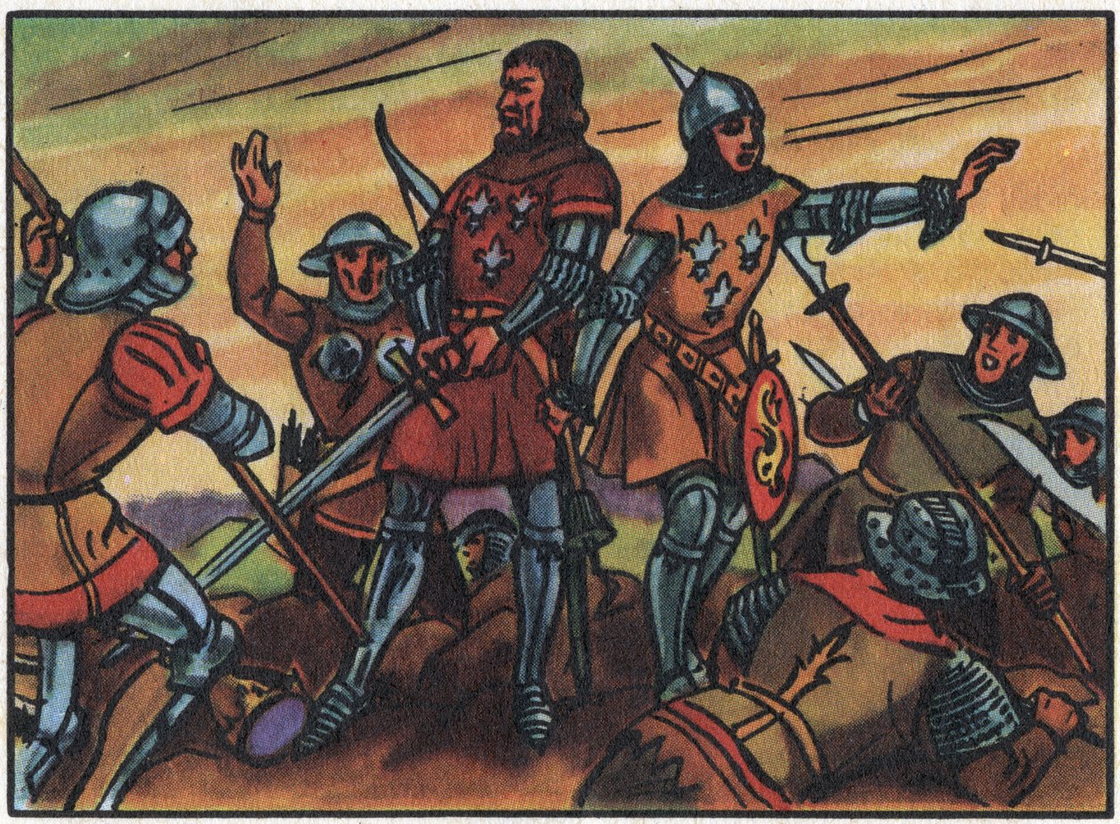 Guerre de Cent Ans : "le roi de France Jean II le Bon (1319-1364) fut fait prisonnier par les Anglais à la bataille de Poitiers le 19/09/1356". Illustration anonyme dans "Collection des souverains et chefs d