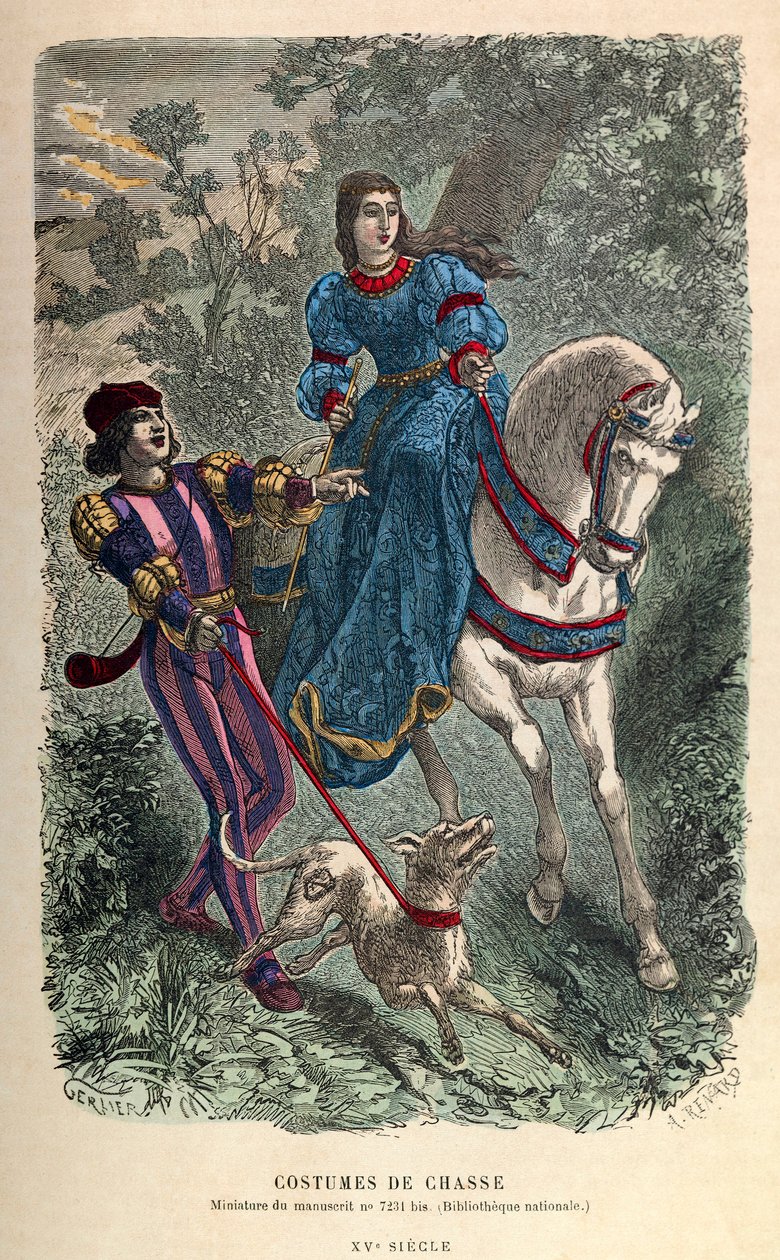Costumes de chasse au 15e siècle, jeune femme à cheval avec son écuyer - collection privée - Anonymous Anonymous