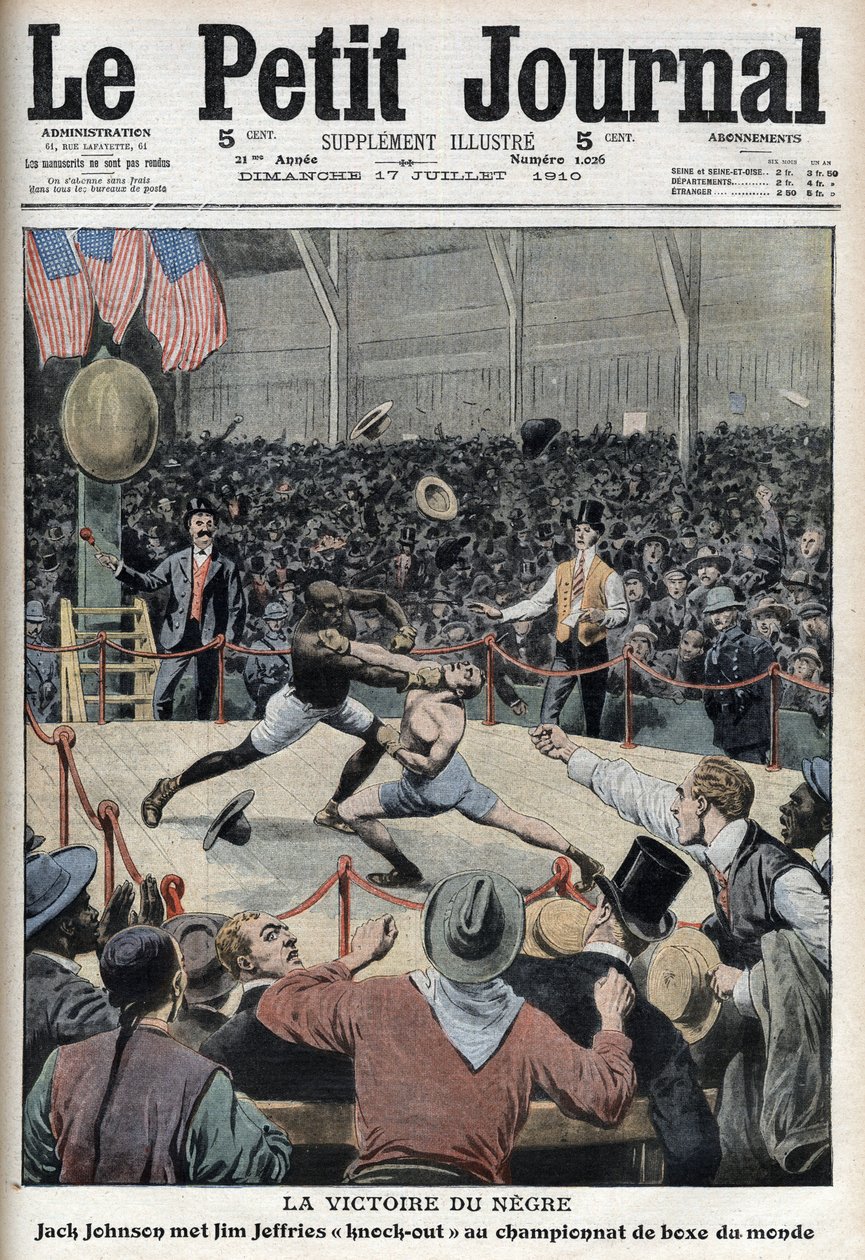Jack Johnson remportant le championnat du monde de boxe contre Jim Jeffries à Reno, Nevada, le 4 juillet - Anonymous Anonymous