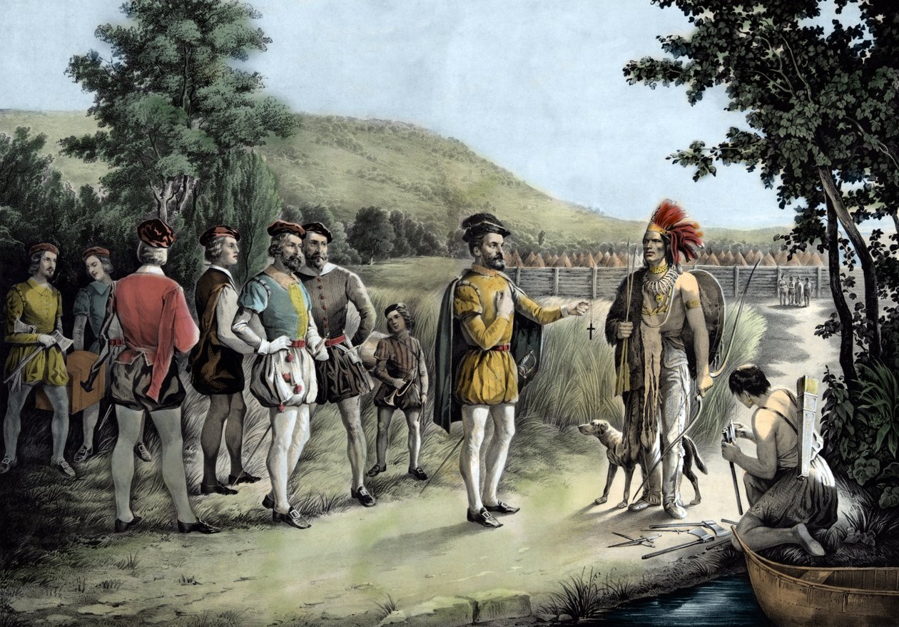 Jacques Cartier, sa première rencontre avec les Indiens à Hochelaga maintenant Montréal en 1535 (lithographie) - Anonymous Anonymous