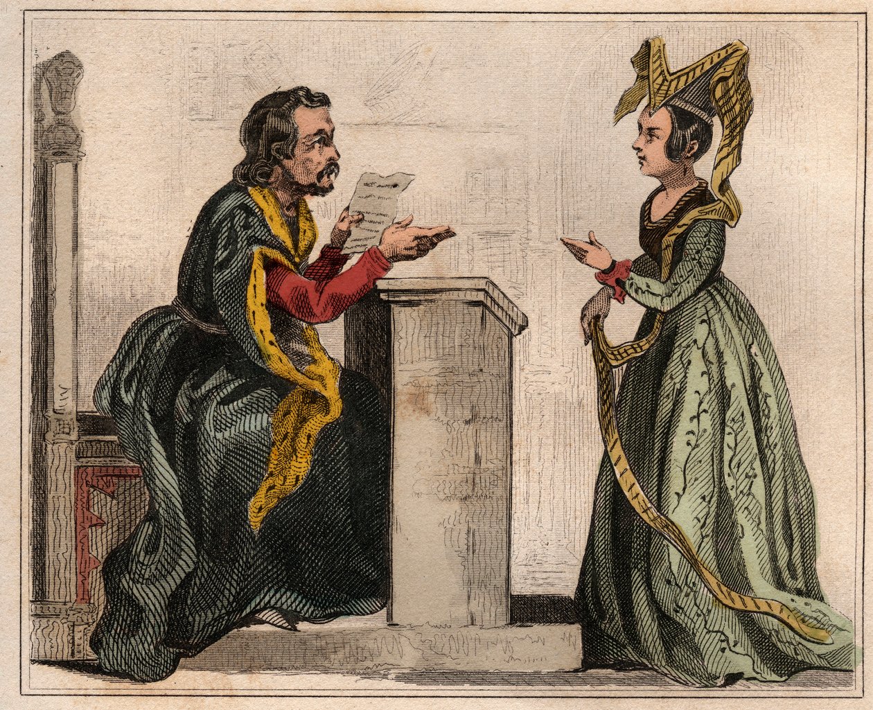 Jehan Pastoret (1328-1405), président du Parlement de Paris sous le règne de Charles V avec une noble dame, portant un liripion. Gravure de 1859 dans Le Monde. Histoire de tous les peuples depuis les temps les plus reculés jusqu