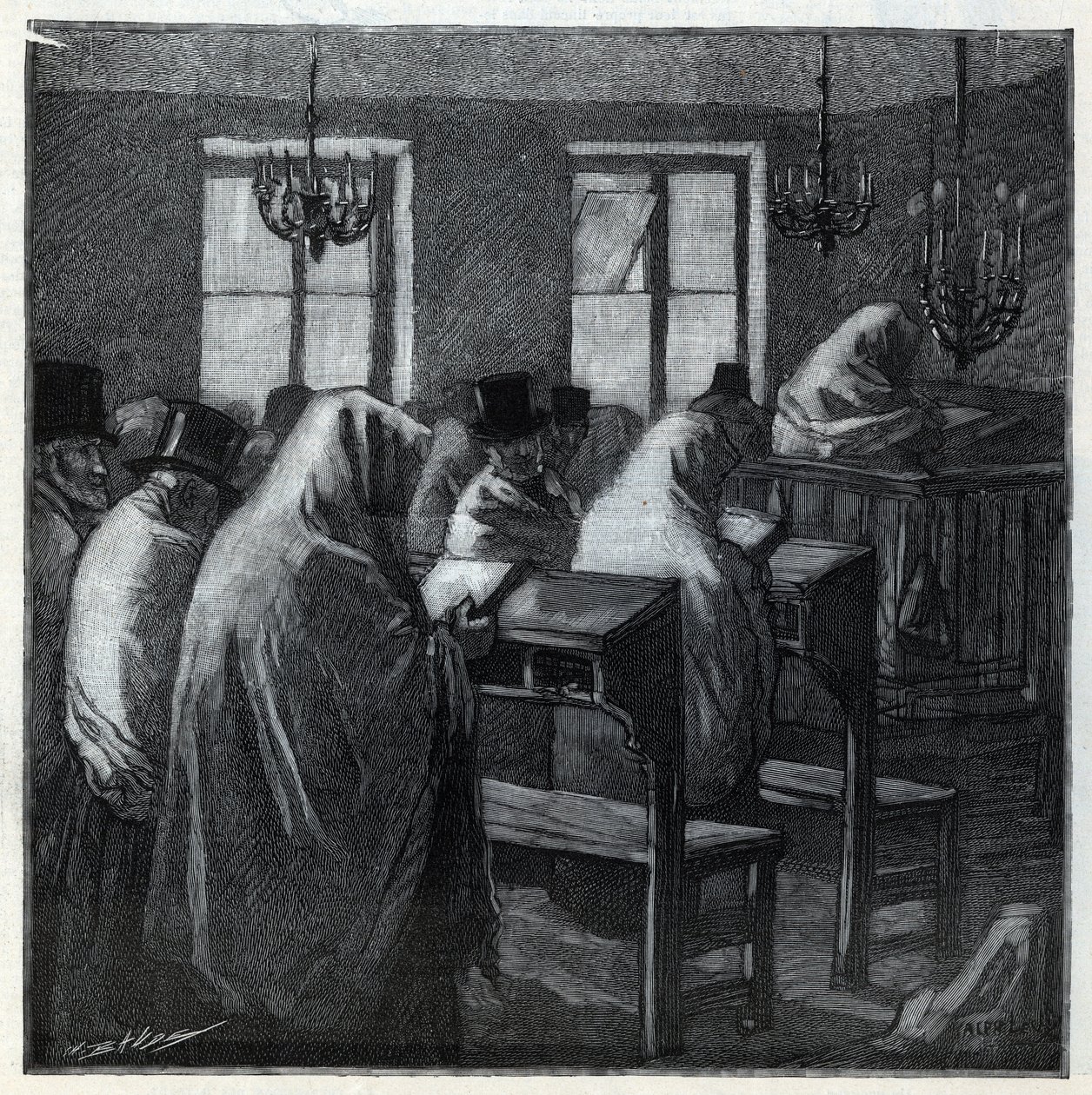 Fêtes juives : fidèles pendant la prière dans un oratoire pendant les fêtes. Gravure dans « Le monde illustré » de 1892. Collection privée. - Anonymous Anonymous