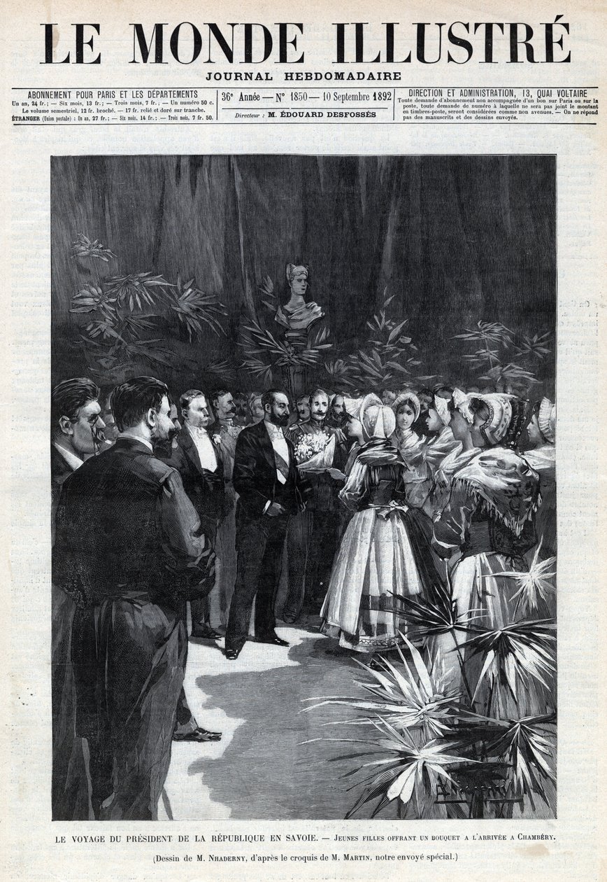 Voyage de Sadi Carnot (1837-1894) en Savoie : le Président de la République est accueilli à Chambéry par des jeunes filles lui offrant un bouquet de fleurs. Gravure dans « Le monde illustré » de 1892. Collection privée. - Anonymous Anonymous
