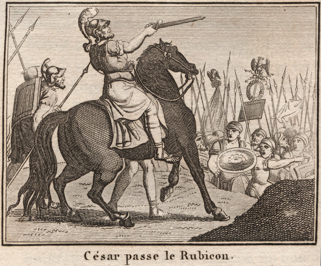 Jules César traversant le Rubicon - « Le Passage du Rubicon par Jules César » Le général romain Jules César a traversé le Rubicon le 11/01/49 av. J.-C. ce qui constitue la séparation entre la Gaule cisalpine et l
