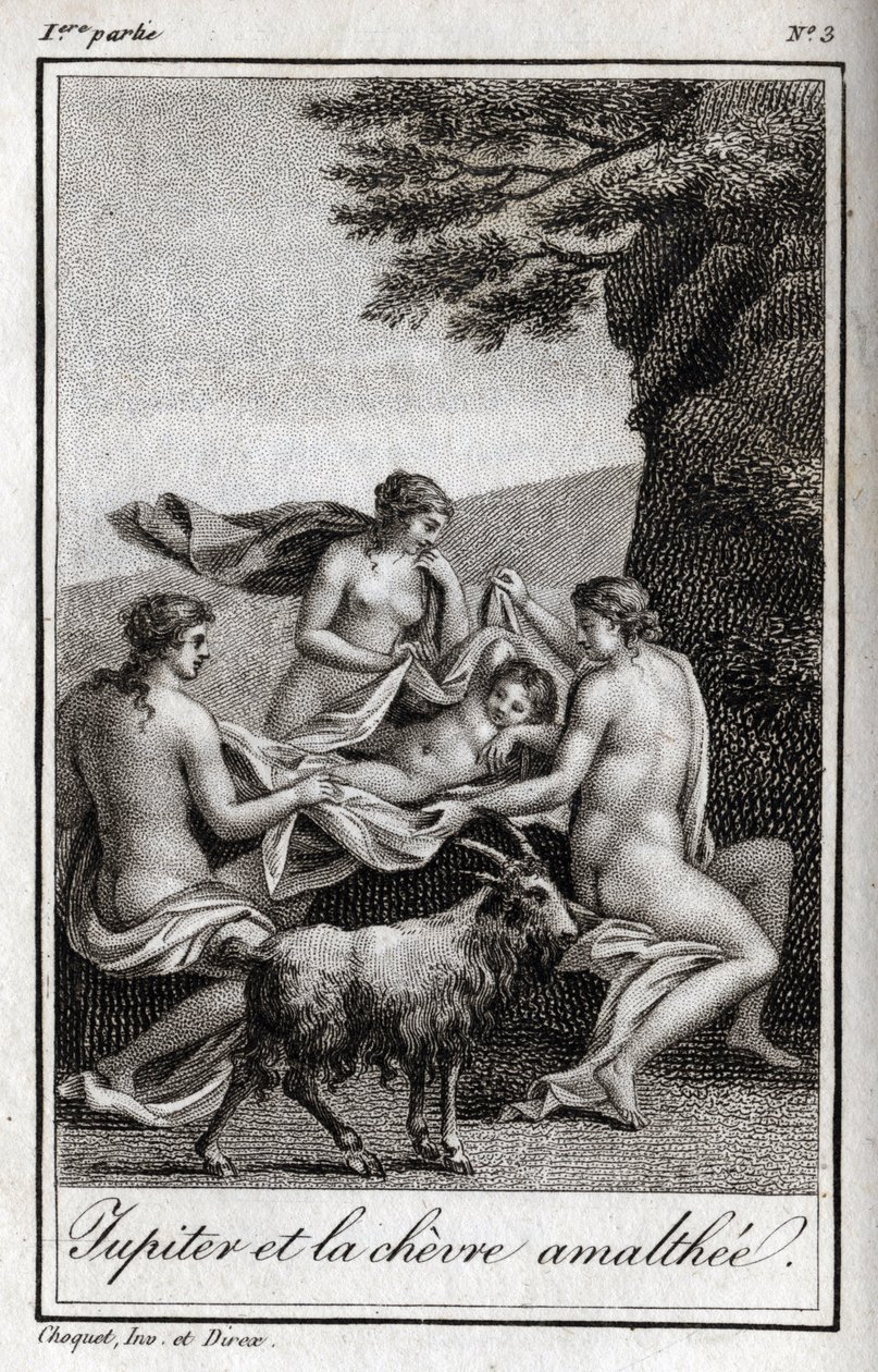Jupiter enfant nourri par la chèvre Amalthée. Gravure de 1819 dans "Lettres à Emilie sur la mythologie" par Charles Albert Demoustier (1760-1801). Collection privée. - Anonymous Anonymous