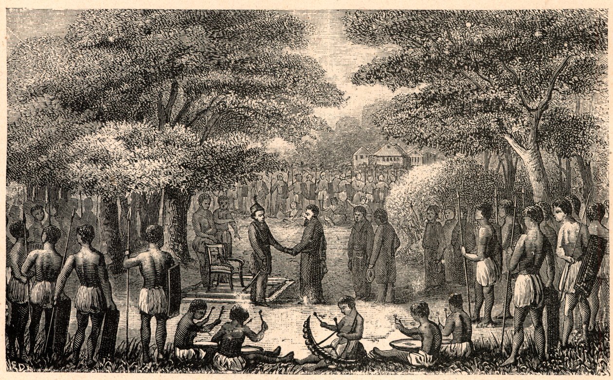 Le roi Lebuschi accueille Henri Depelchin (1822-1900), missionnaire jésuite et premier supérieur de la mission du Haut Zambèze en Afrique. Gravure dans « Les Missions Catholiques au XIXe Siècle » par Louis-Eugène Louvet. Collection privée. - Anonymous Anonymous