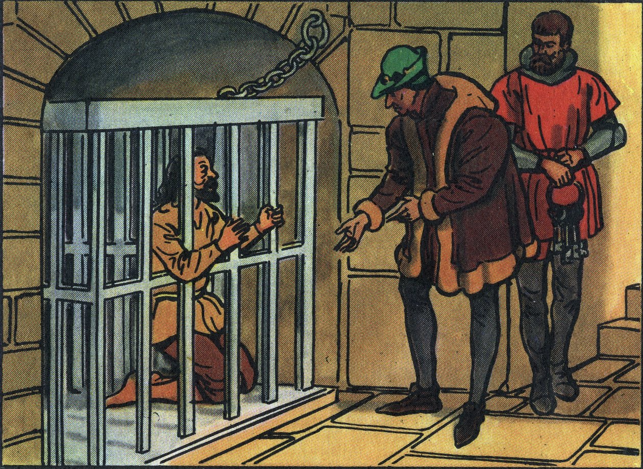 Le roi Louis XI visitant les cages de la prison de la Bastille. Illustration anonyme dans « Collection des souverains et chefs d