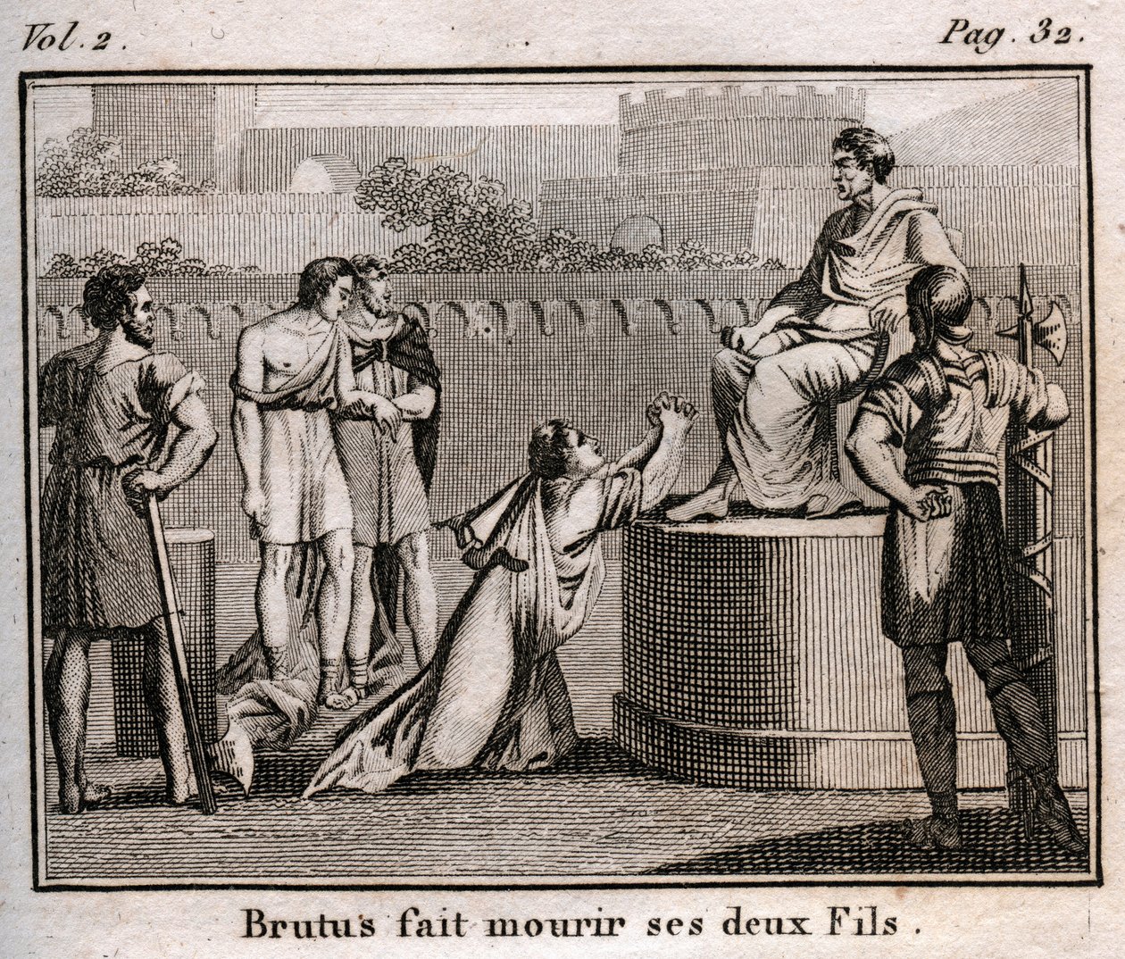 LUCIUS JUNIUS BRUTUS condamne ses propres fils à mort pour complot visant à restaurer les Tarquins, les rois expulsés de Rome, 509 av. J.-C. - Gravure tirée de « Le Rollin de la Jeunesse ou Morceaux Choisis des Histoires Anciennes et Romaines » 1816 - Coll - Anonymous Anonymous