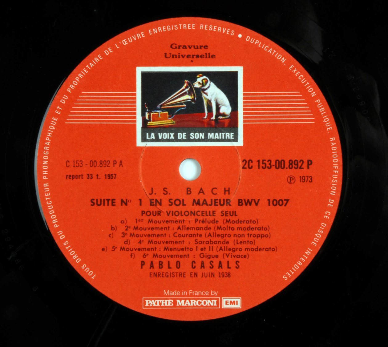 Étiquette du disque 33 tours (disque vinyle) de la marque « EMI la voix de son maître » par Pablo Casals interprétant les 6 suites pour violoncelle de Jean-Sébastien Bach (Johann Sebastian Bach) - Anonymous Anonymous