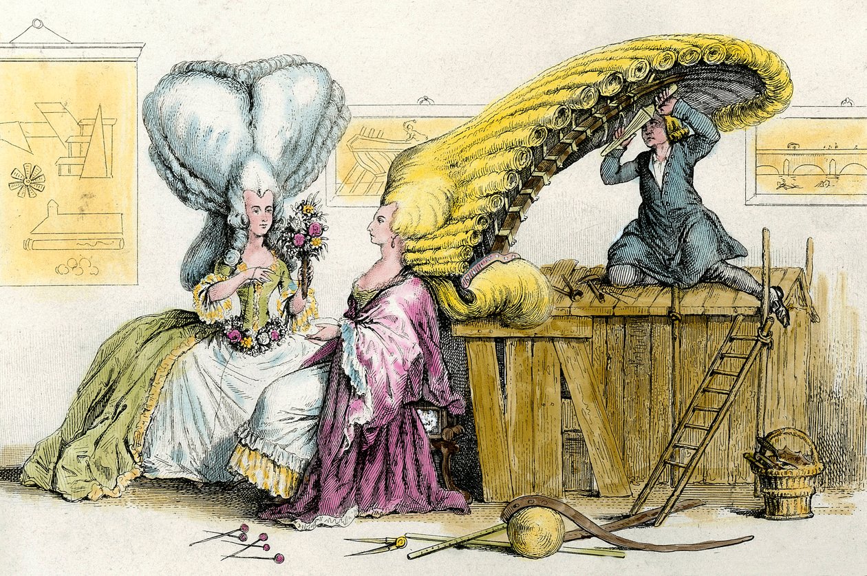 Grandes coiffures excentriques : jeunes femmes de la noblesse coiffées par une perruque. Gravure de 1788 Collection Privée - Anonymous Anonymous