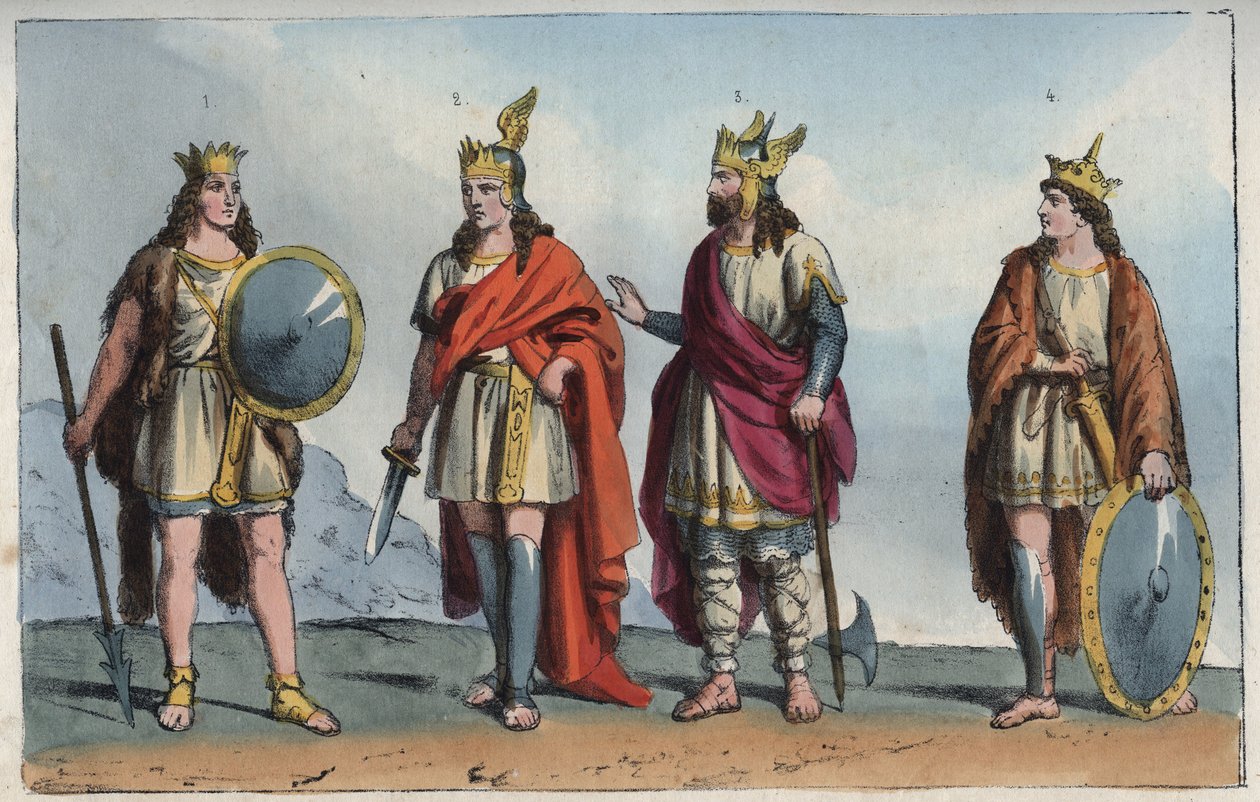 Les Mérovingiens - Dynastie mérovingienne - Pharamond ou Faramund - Chlodio (Clodius, Clodion, Cloio ou Chlogio) (Clodion le Chevelu) - Mérovée (Mérovée ou Mérowig) et Clovis - gravure de "Usi e Costumi di Tutti i Popoli dell
