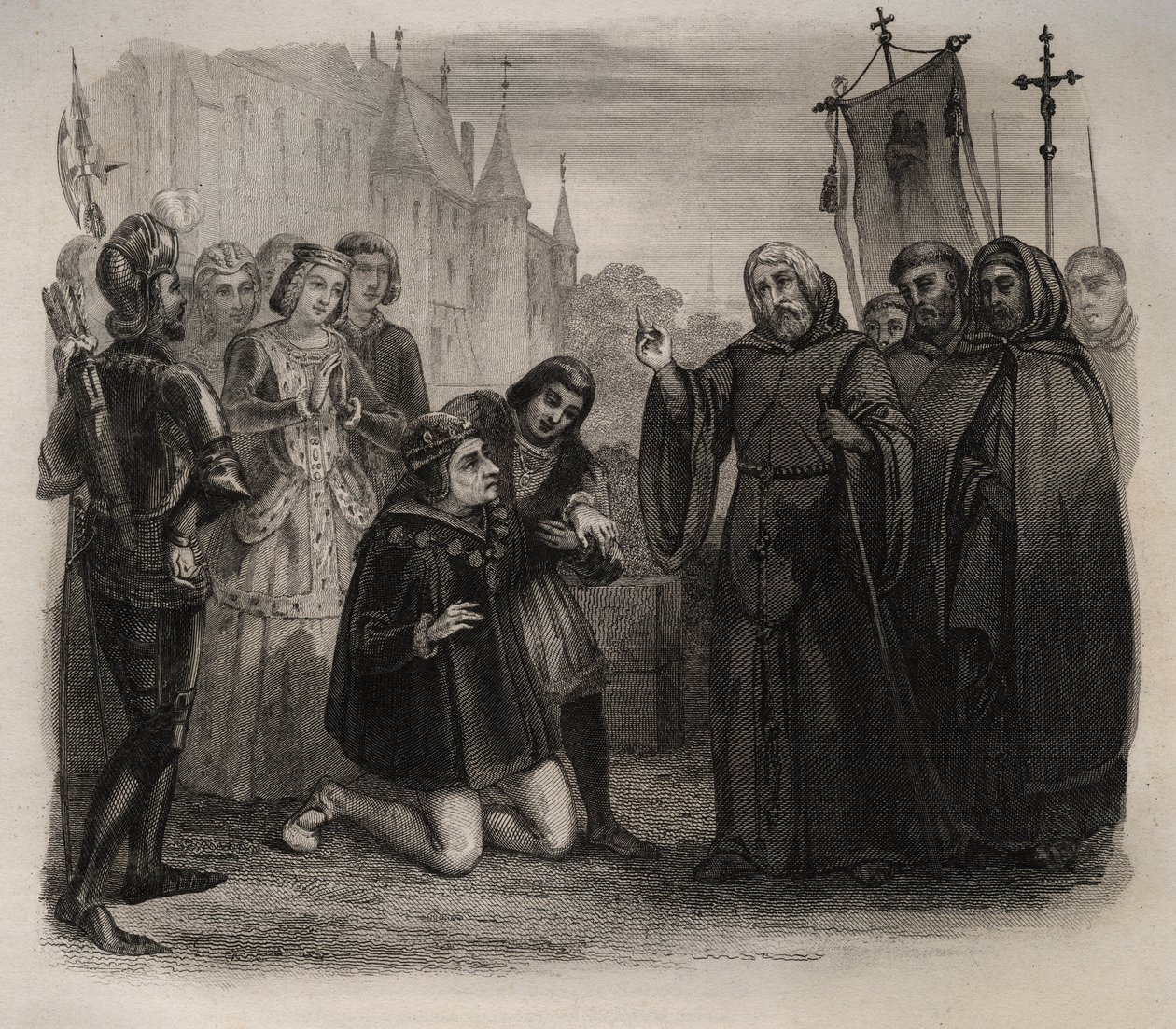 Louis XI (1423-1483) demandant sa guérison à François de Paule (1416-1507) Gravure de 1846 dans « Vies des saints ». Collection privée. - Anonymous Anonymous