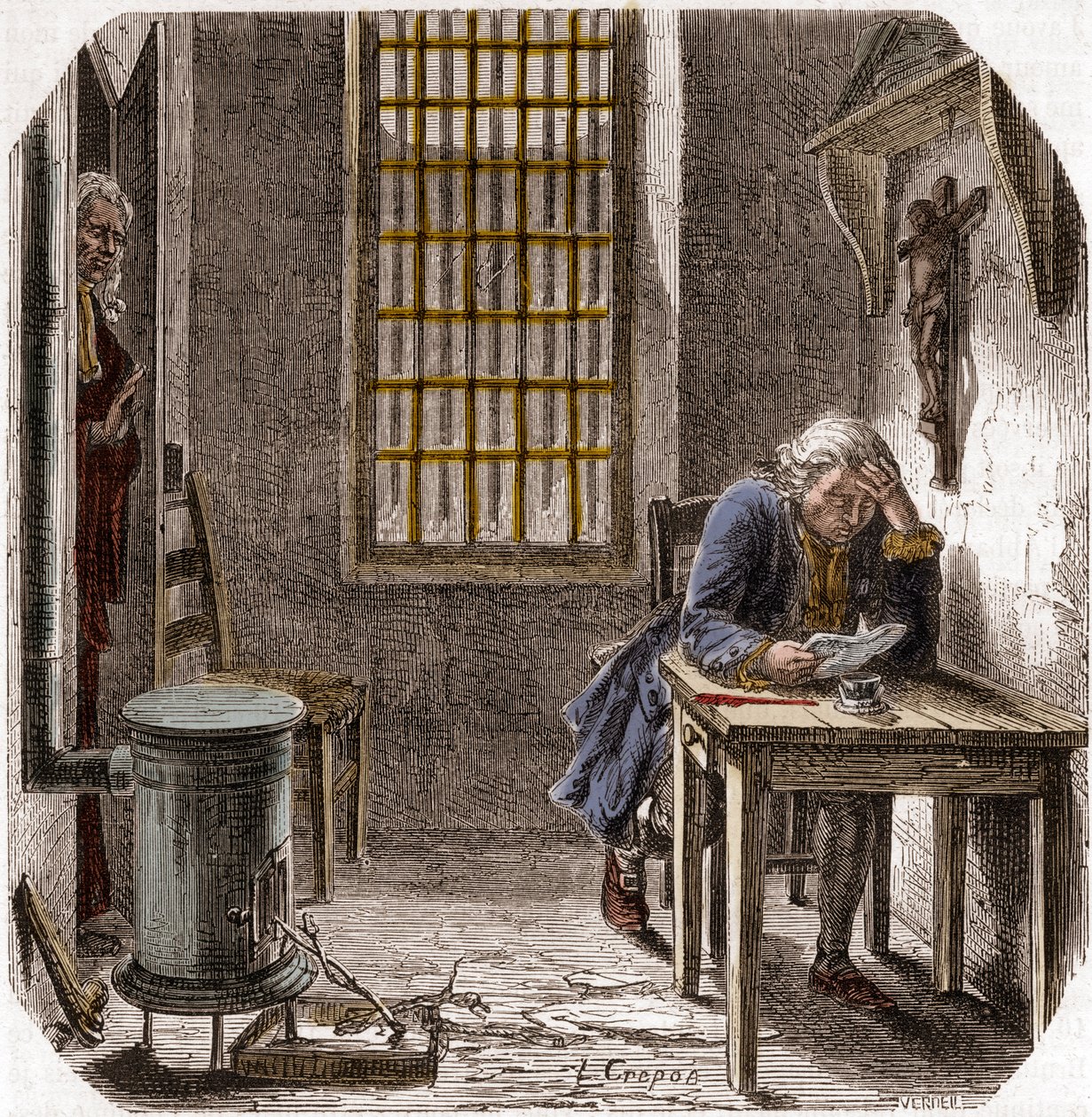 Louis XVI (1754-93) lisant son testament dans la tour du Temple le 25 décembre 1792 - Gravure dans « Histoire des Girondins » par Alphonse de Lamartine (1790-1869) 1865-1866 - Collection privée - Anonymous Anonymous