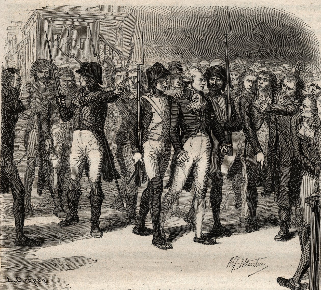 Maximilien Robespierre et ses co-accusés arrêtés à la Convention en 1794 - Gravure dans « Histoire des Girondins » par Alphonse de Lamartine (1790-1869) 1865-1866. Collection privée - Anonymous Anonymous
