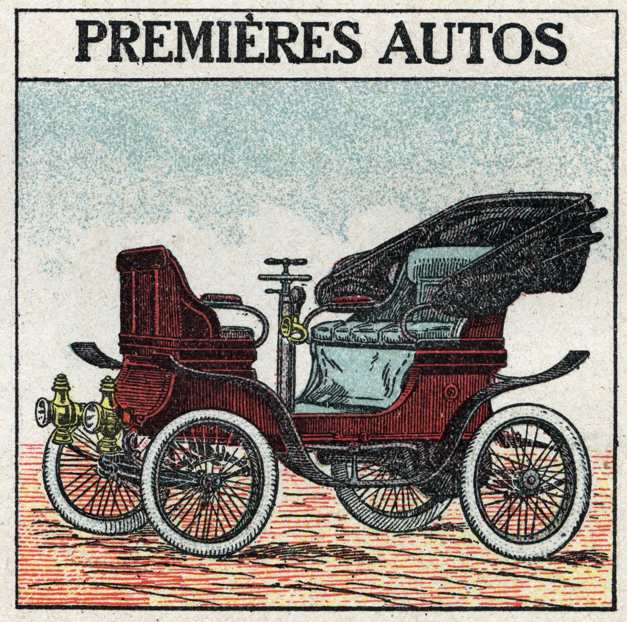 Traction mécanique : les premières voitures à essence inventées en 1895 par Panhard et Levassor. Illustration anonyme de 1925. Collection privée. - Anonymous Anonymous