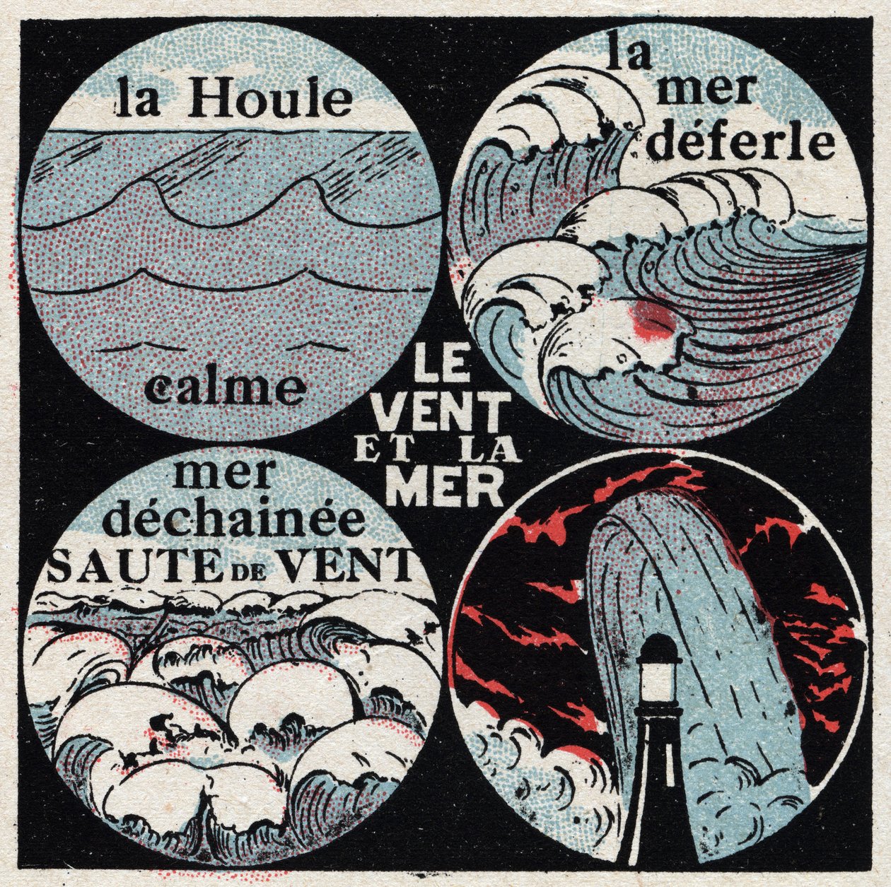 Météorologie : effet du vent sur la mer. La houle calme, la mer déferle, mer déchaînée, vague. Illustration anonyme de 1925. Collection privée. - Anonymous Anonymous