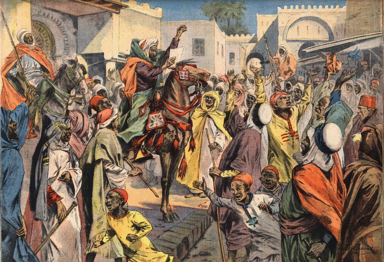 Mouley Hafid (Moulay-Hafid) proclamé Sultan à Fès : les crieurs publics annoncent la proclamation à la foule. Gravure du journal « Le Petit Parisien », 26/01/1908. Collection privée. - Anonymous Anonymous