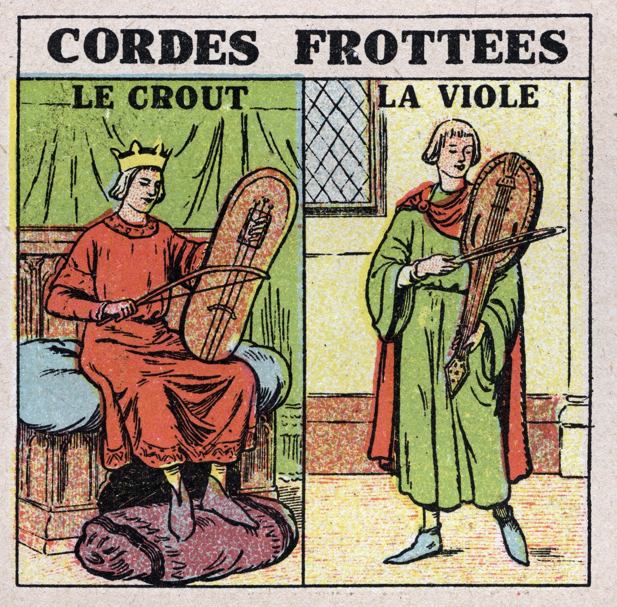 Instruments de musique : instruments à cordes frottées. Joueurs de crout et rapes au Moyen Âge. Illustration anonyme de 1925. Collection privée. - Anonymous Anonymous