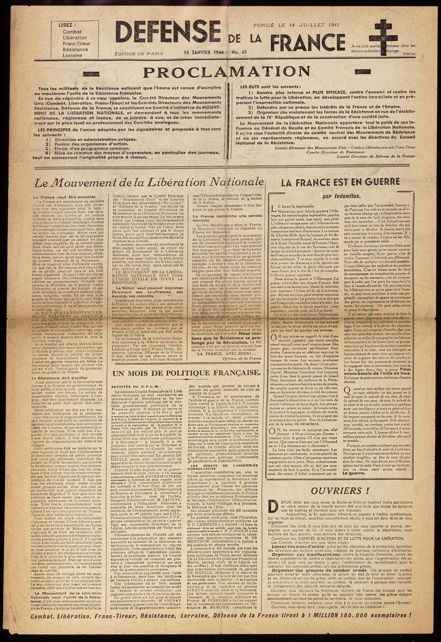 Un des journaux clandestins "Défense de France" du 15/01/1944 - Anonymous Anonymous