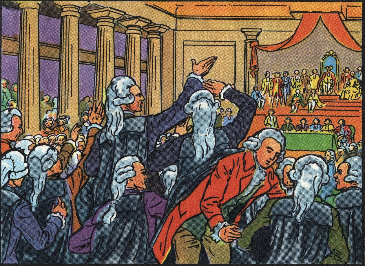 Ouverture des États Généraux à Versailles le 5 mai 1789 réunissant les Trois Ordres (Clergé, Noblesse et Tiers État). Illustration anonyme dans « Collection des souverains et chefs d